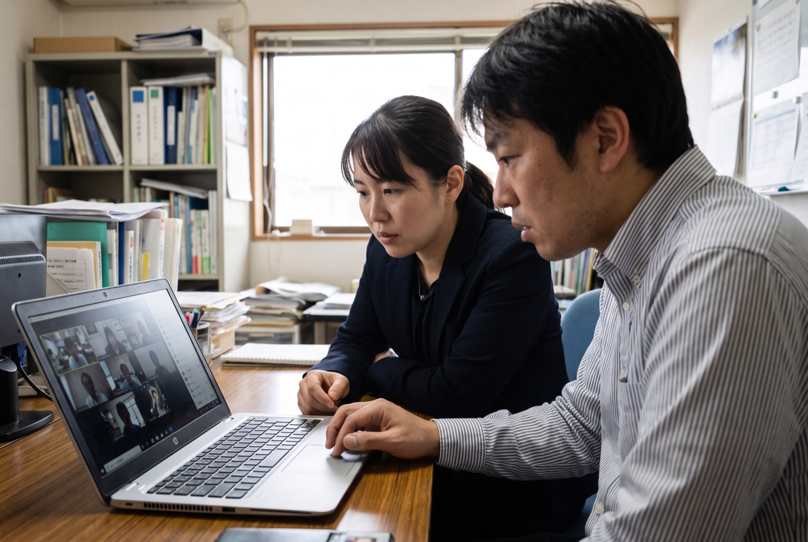 小さなオフィスでノートパソコンからZoom研修に参加する2人の社員